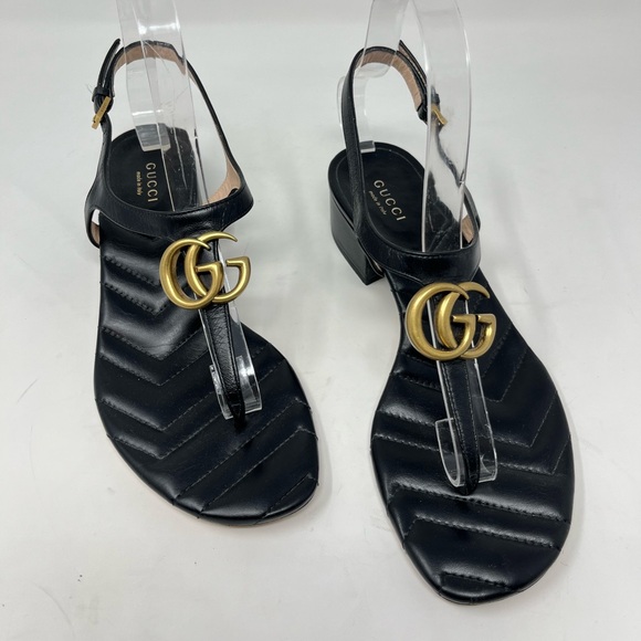 Gucci GG Marmont Chevron Quilted Chunky Block Heel Thong Sandal Black size 37 EU - Picture 1 of 7